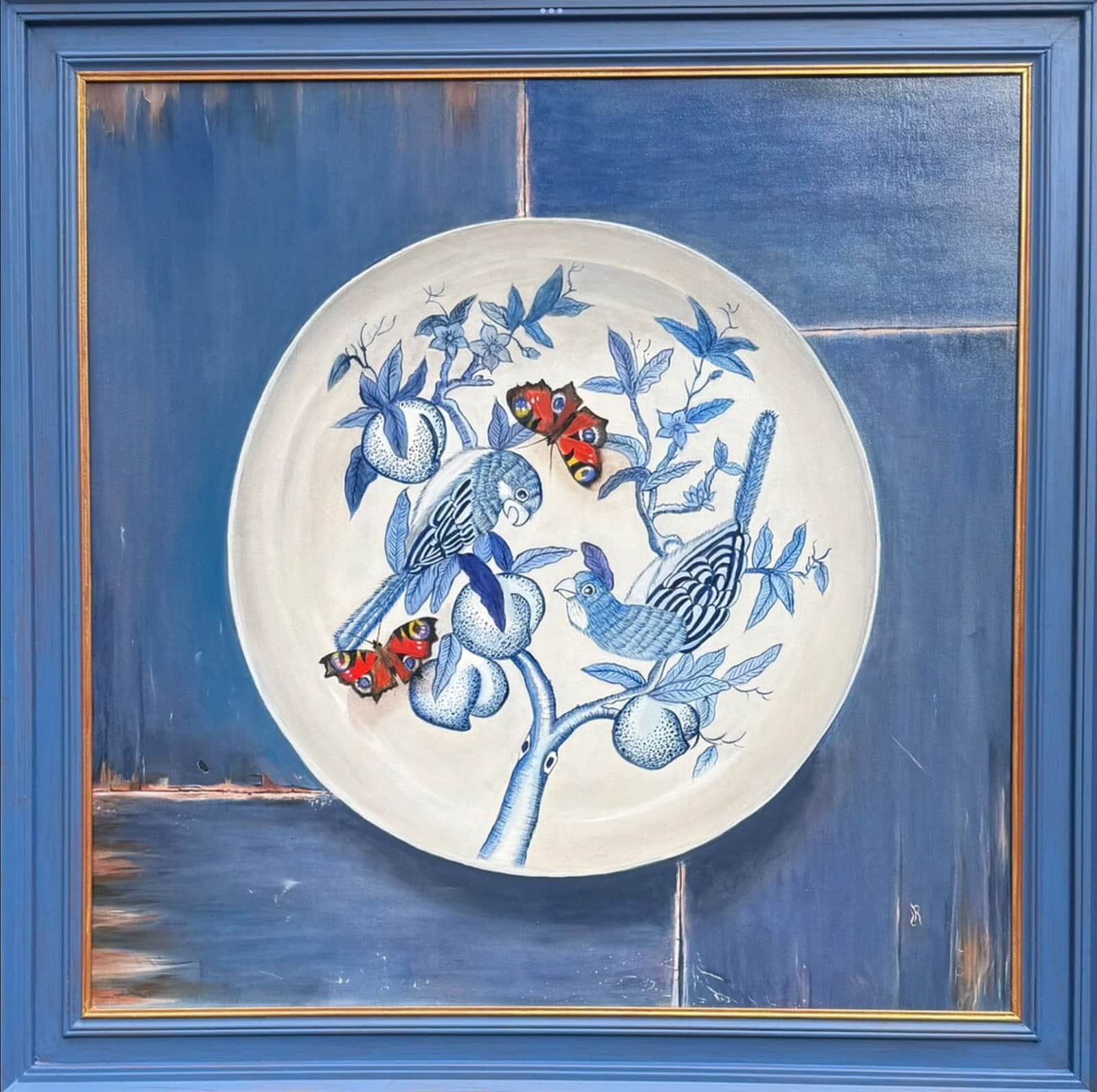 Twee Delftsblauwe papegaaien