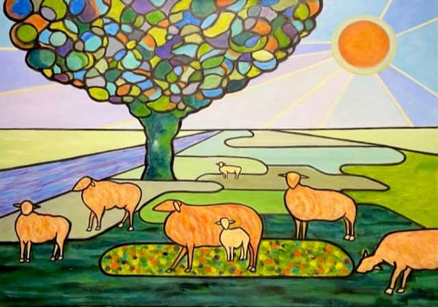 Zonnig fantasielandschap met schapen en lammeren in de wei
